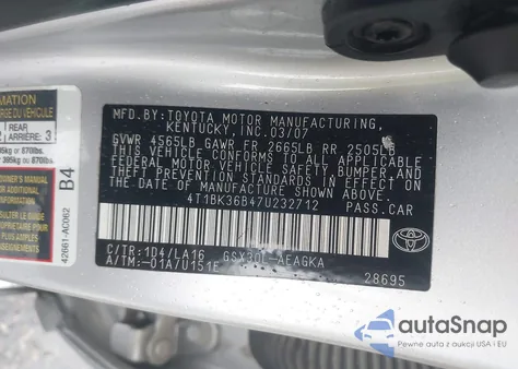 2007 Toyota Avalon Xls from USA, damaged, VIN 4T1BK36B47U232712